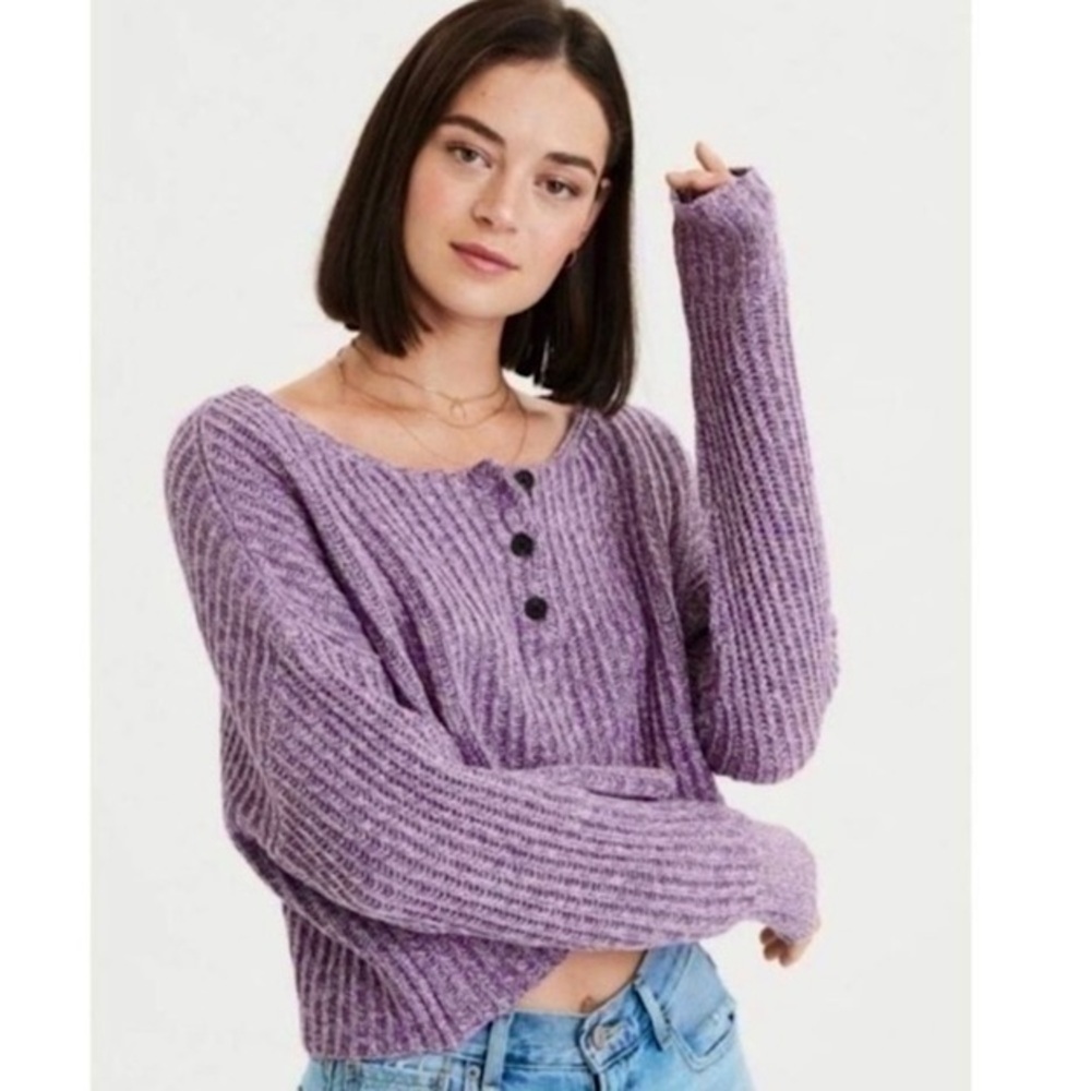 American Eagle Heathered Purple Chunky Cropped Henley Sweater